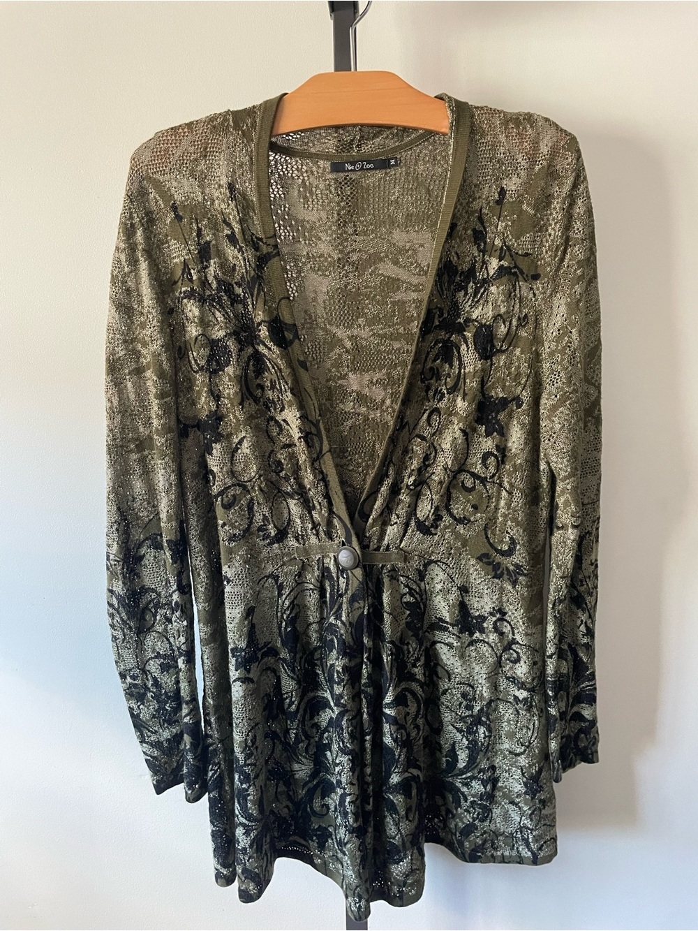 Nic + Zoe Open Work Knit Floral Knit Cardigan Olive Green Boho Size Medium